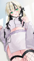 1girl :d absurdres bare_shoulders belt black_bow black_hair black_nails blonde_hair bow center-flap_bangs commentary_request crop_top ear_piercing earrings fangs fishnet_thighhighs fishnets from_below green_eyes hair_bow hair_ornament heart heart_earrings heart_o-ring highres jacket jewelry kurumi_noah kurumi_noah_(7th_costume) looking_at_viewer low_twintails midriff multicolored_hair multiple_belts navel o-ring o-ring_thigh_strap off_shoulder official_alternate_costume open_clothes open_jacket open_mouth piercing purple_belt shadow simple_background single_earring single_thighhigh skin_fangs skirt smile solo thigh_strap thighhighs twintails two-tone_hair ureinnn virtual_youtuber vspo! white_jacket white_skirt x_hair_ornament