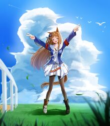 1girl absurdres animal_ears armband asymmetrical_footwear bird black_pantyhose blue_eyes blue_jacket blue_sky blush bow brown_hair cloud double_v dress ear_bow ear_ornament ear_ribbon fence field grass grass_wonder_(umamusume) highres horse_ears horse_girl horse_tail jacket long_hair long_sleeves looking_at_viewer mismatched_footwear multicolored_hair open_mouth outdoors pantyhose papaya_b0i red_armband sailor_collar sky smile solo tail umamusume v white_dress white_hair