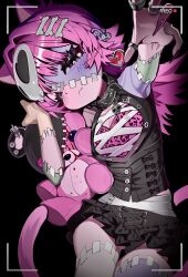 1girl absurdres aegyo_sal agejo_gyaru animal_ears animal_print black_skirt bone_hair_ornament breasts cat_ears cat_girl cat_tail claws cleavage collar colored_skin commentary extra_ears eyelashes fashion gurokawa gyaru hair_ornament highres holding holding_stuffed_toy leopard_print looking_at_viewer original pink_eyes pink_hair pink_skin purple_skin scocasr short_hair skirt skull skull_hair_ornament solo stitched_face stitches stuffed_animal stuffed_toy tail teddy_bear thick_eyelashes