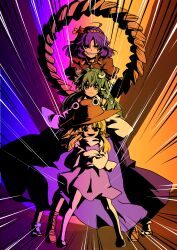3girls absurdres bad_tag blonde_hair brown_hat crossed_arms frog_hair_ornament gradient_background group_picture gunbuster_pose hair_ornament hair_tubes hat highres kochiya_sanae leaf leaf_hair_ornament long_hair maple_leaf moriya_suwako motion_lines multiple_girls open_mouth ototachibana_rai purple_hair purple_skirt rope shimenawa short_hair single_hair_tube skirt smile snake_hair_ornament speed_lines touhou yasaka_kanako
