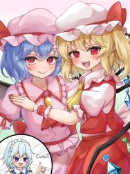3girls absurdres ascot bat_wings blonde_hair blue_eyes blue_hair blush bow braid brooch closed_mouth collared_shirt commentary_request crystal crystal_wings fang fang_out flandre_scarlet frilled_shirt_collar frills green_bow grey_hair hair_bow hat hat_ribbon highres izayoi_sakuya jewelry long_hair maid maid_headdress mob_cap multicolored_wings multiple_girls one_side_up open_mouth pink_hat pink_shirt pink_skirt puffy_short_sleeves puffy_sleeves red_ascot red_eyes red_skirt red_vest remilia_scarlet ribbon shirt short_sleeves siblings sisters skirt skirt_set smile soo_kazahana thumbs_up touhou twin_braids vest white_hat white_shirt wings wrist_cuffs yellow_ascot