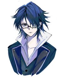 1boy black-framed_eyewear black_eyes blue_hair blue_jacket blue_vest chinese_commentary closed_mouth commentary_request cropped_torso fushimi_saruhiko glasses hair_over_one_eye highres jacket k-project lapels male_focus open_clothes open_collar open_jacket pale_skin rectangular_eyewear shirt short_hair simple_background solo tuitangguxuanshou vest white_background white_shirt