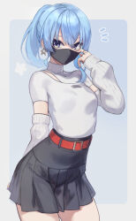 1girl belt belt_buckle belted_skirt black_mask black_skirt blue_eyes blue_hair buckle detached_sleeves earrings highres hololive hoshimachi_suisei hoshimachi_suisei_(11th_costume) jewelry mask medium_hair mouth_mask official_alternate_costume petcha_the_o pleated_skirt ponytail red_belt ring shirt skirt solo star_(symbol) star_earrings star_in_eye symbol_in_eye virtual_youtuber white_shirt