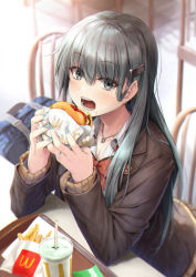 1girl absurdres aqua_eyes aqua_hair bag blazer bow bowtie brown_jacket burger cardigan drink earrings eating food french_fries hair_ornament hairclip highres jacket jewelry kantai_collection logo_parody long_hair mcdonald&#039;s nail_polish red_bow red_bowtie school_uniform sitting solo suien suzuya_(kancolle) suzuya_kai_ni_(kancolle) upper_body