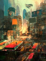 1other aircraft airship blurry city depth_of_field dkaism faceless full_body looking_up original painterly parking_lot ruins scenery science_fiction size_difference solo standing statue