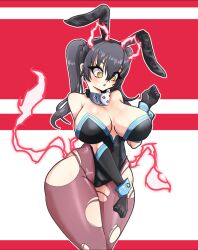 1girl adapted_costume animal_ears bare_shoulders between_legs black_collar black_gloves black_hair black_leotard blue_gloves blue_leotard blush breasts collar collarbone elbow_gloves en&#039;en_no_shouboutai eyelashes fake_animal_ears feet_out_of_frame female_focus fire gloves hand_between_legs hand_up highleg highleg_leotard huge_breasts legs_together leotard long_hair looking_down miyako.noh multicolored_leotard open_mouth pantyhose pink_pantyhose playboy_bunny rabbit_ears red_hair simple_background solo standing strapless strapless_leotard tamaki_kotatsu torn_clothes torn_pantyhose twintails two-tone_background two-tone_gloves two-tone_leotard white_hair yellow_eyes