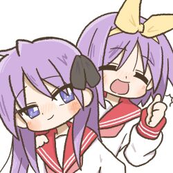 Rule 34 | 2girls, birthday, black bow, blue eyes, blush, bow, closed eyes, hand on another&#039;s shoulder, highres, hiiragi kagami, hiiragi tsukasa, looking at another, lucky star, multiple girls, neckerchief, pink neckerchief, purple hair, ribbon, ryouou school uniform, ryuinosu, school uniform, siblings, sisters, smile, tareme, thumbs up, tsurime, twins, twintails, white background, yellow ribbon