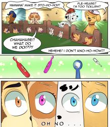 chase_(paw_patrol) dog english_text highres marshall_(paw_patrol) paw_patrol skye_(paw_patrol) tagme tickling