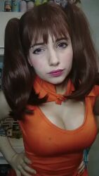 Rule 34 | 1girl, animated, annoyed, breasts, brown hair, cleavage cutout, clothing cutout, cosplay, crossed arms, diane (nanatsu no taizai), diane (nanatsu no taizai) (cosplay), fingerless gloves, gloves, hand on own hip, large breasts, long hair, nanatsu no taizai, photo (medium), real life, single glove, sleeveless, tagme, twintails, video, yuno the loose