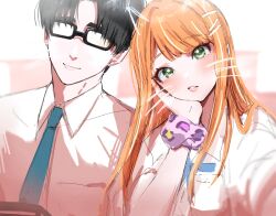 1boy 1girl black-framed_eyewear black_hair blue_necktie blue_ribbon blush commentary_request drawn_ears drawn_whiskers gakuen_idolmaster glasses hand_on_own_cheek hand_on_own_face hatsuboshi_gakuen_school_uniform head_tilt idolmaster kasasagi_(futagodori888) looking_at_viewer mole mole_under_eye neck_ribbon necktie orange_hair producer_(idolmaster) ribbon school_uniform scrunchie selfie shirt shiun_sumika upper_body white_shirt wrist_scrunchie