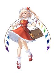 1girl ascot bag blonde_hair bobby_socks crystal crystal_wings flandre_scarlet full_body hat highres kisaragimikuru looking_at_viewer mary_janes messenger_bag mob_cap open_mouth puffy_short_sleeves puffy_sleeves red_eyes red_skirt red_vest shoes short_sleeves shoulder_bag side_ponytail simple_background skirt socks solo touhou vest white_background wings yellow_ascot