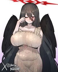 1girl bare_shoulders black_hair black_wings blue_archive blush breasts brown_dress collarbone covered_navel dress feathered_wings hair_between_eyes halo hasumi_(blue_archive) highres large_breasts long_hair long_hair_between_eyes low_wings mole mole_under_eye nikrop red_eyes red_halo solo very_long_hair waking_up wings