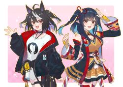 Rule 34 | 2girls, ahoge, animal ears, arknights, black hair, black jacket, chanchanko (clothes), closure (arknights), closure (arknights) (cosplay), commentary, cosplay, crossover, detached sleeves, english commentary, highres, horse ears, horse girl, jacket, kitasan black (umamusume), kitasan black (umamusume) (cosplay), kouhaku nawa, looking at viewer, multicolored hair, multiple girls, obi, open clothes, open jacket, pleated skirt, pointy ears, red eyes, rope, sash, shimenawa, shirt, skirt, streaked hair, sy509, t-shirt, two-tone hair, two side up, umamusume, white hair, white shirt, wide sleeves, yellow skirt, yellow sleeves