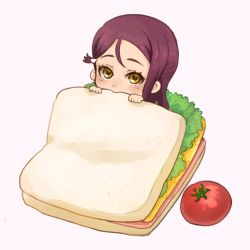 1girl beniko08 commentary female_focus food hair_ornament hairclip half_updo highres in_food lettuce looking_at_viewer love_live! love_live!_sunshine!! mini_person minigirl pink_background red_hair sakurauchi_riko sandwich simple_background solo tomato yellow_eyes