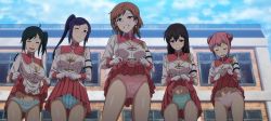 5girls ahoge anime_screenshot armband black_hair blush bow bow_panties breasts brown_hair building buttons character_request cleavage closed_eyes closed_mouth clothes_lift cloud cloudy_sky cowboy_shot double_bun earrings embarrassed fence frilled_panties frills geek_toys gloves green_panties grin groin hair_between_eyes hair_bun highres ichinose_saki_(plunderer) jewelry lifting_own_clothes light_brown_hair long_hair long_sleeves looking_at_viewer medium_breasts medium_hair miniskirt multiple_girls narimiya_kyouka_(plunderer) navel one_eye_closed open_mouth panties parted_bangs pink_eyes pink_hair pink_panties pink_skirt plunderer polka_dot polka_dot_panties ponytail print_panties purple_eyes purple_hair shiny_skin shirt short_hair side_ponytail sidelocks skirt skirt_lift sky smile stitched striped_clothes striped_panties sumitani_asumi_(plunderer) swept_bangs teeth third-party_edit underwear vertical-striped_clothes vertical-striped_panties white_gloves white_panties white_shirt window yellow_eyes