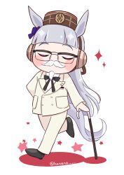 1girl animal_ears black-framed_eyewear black_bow black_shoes bow brown_hat cane chibi closed_eyes colonel_sanders colonel_sanders_(cosplay) colored_shadow commentary_request cosplay ear_bow ear_covers facing_viewer fake_beard fake_facial_hair fake_mustache formal_clothes full_body glasses gold_ship_(umamusume) grey_hair hand_on_cane hat highres horse_ears horse_girl horse_tail jacket kfc long_hair long_sleeves masshirokachi over-rim_eyewear pants purple_bow semi-rimless_eyewear shadow shirt shoes simple_background solo sparkle star_(symbol) suit tail twitter_username umamusume very_long_hair walking white_background white_jacket white_pants white_shirt