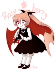 1girl bat_(animal) bat_wings black_dress black_sandals character_name chibi chibi_only colored_skin dress food fruit funamusea gallaxi haiiro_teien head_wings long_hair outline pinafore_dress pink_eyes pink_hair pink_outline pointy_ears ponytail rawberry_preserves sandals shirt signature sleeveless sleeveless_dress smile solo squeezing strawberry thighhighs tongue transparent_background white_shirt white_skin white_thighhighs wings