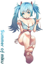 1girl aqua_eyes aqua_hair bad_feet bad_id bad_pixiv_id bare_legs barefoot bikini breasts cleavage clothing_cutout collarbone english_text feet feet_together female_focus full_body hatsune_miku heart heart_cutout knees large_breasts long_hair looking_at_viewer open_mouth side-tie_bikini_bottom sigetch simple_background soles solo striped_bikini striped_clothes swimsuit toes topless_female twintails unworn_bikini_top vertical-striped_bikini vertical-striped_clothes vocaloid white_background