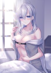 1girl ahoge bed blanket blush breasts grey_hair highres holding holding_pregnancy_test implied_pregnancy jewelry kabocha_torute kantai_collection long_hair looking_at_viewer medium_breasts nude pregnancy_test ring solo suzutsuki_(kancolle) wedding_ring window