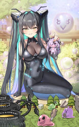 1girl absurdres black_bodysuit black_hair bodysuit breasts bubble character_doll cinderella_(nikke) cleavage commentary covered_navel doll goddess_of_victory:_nikke green_hair hair_intakes highres holding holding_doll large_breasts little_mermaid_(nikke) long_hair looking_at_viewer multicolored_hair see-through_cleavage see-through_clothes slime_(creature) smile solo tist tree twintails two-tone_hair very_long_hair yellow_eyes