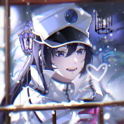1girl :d bambietta_basterbine black_hair bleach bleach:_sennen_kessen-hen cape commentary deadman70232800 eyelashes film_grain gloves hair_between_eyes happy hat heart highres indoors light_blush long_hair open_mouth peaked_cap purple_eyes shirt smile smudge snow snowing solo teeth tsurime upper_body v-shaped_eyebrows white_cape white_gloves white_hat white_shirt window winter