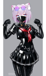1girl absurdres animal_ear_fluff animal_ears blue_eyes bodysuit boots breasts cat_girl collar crop_top eyewear_on_head glasses highres impossible_bodysuit impossible_clothes latex latex_bodysuit latex_skirt long_hair looking_at_viewer maguro27 mask medium_breasts mouth_mask neckerchief original paw_pose pink_hair pleated_skirt red_neckerchief sailor_collar skin_tight skirt solo standing thigh_boots