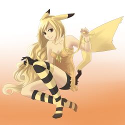 1girl animal_ears bare_shoulders blonde_hair breasts closed_mouth dress female_focus gen_1_pokemon grey_socks humanization hylianguardians lingerie long_hair looking_at_viewer nintendo personification pikachu pokemon short_hair shorts shorts_under_dress simple_background small_breasts smile socks solo tagme tail thighhighs underwear yellow_eyes