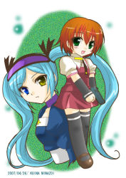 00s 2girls blue_hair eyepatch goth_fashion gun long_hair multiple_girls nahashi_lucia orange_hair short_hair takahana_sumire twintails venus_versus_virus weapon