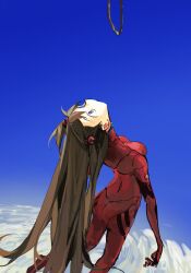 1girl blue_eyes bodysuit breasts chinese_commentary cloud hair_between_eyes highres huimuuu interface_headset_(evangelion) long_hair mecha_pilot_suit medium_breasts neon_genesis_evangelion noose orange_hair plugsuit_(evangelion) red_bodysuit signature sky solo souryuu_asuka_langley two_side_up