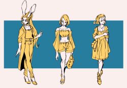 3girls animal_ears ashelia_b&#039;nargin_dalmasca braid breasts casual closed_mouth dress final_fantasy final_fantasy_xii full_body greyscale high_heels highres jewelry long_hair midriff monochrome multiple_girls necklace penelo rabbit_ears short_hair shorts siotomato small_breasts twin_braids twintails vaan_(ff12)