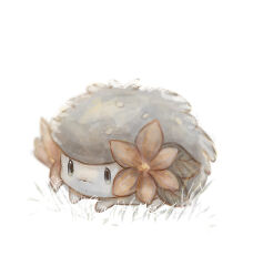 absurdres animal_focus closed_mouth dot_mouth flower full_body gen_4_pokemon grass green_eyes highres leaf legendary_pokemon muted_color mythical_pokemon neverland+ nintendo no_humans on_ground pokemon pokemon_(creature) red_flower shaymin shaymin_(land) sitting solo