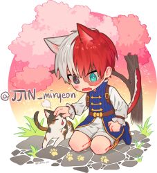 Rule 34 | 1boy, animal ears, black eyes, blue shoes, blue tunic, boku no hero academia, bright pupils, calico (pattern), calico cat, cat, cat ears, cat tail, cherry blossoms, highres, kemonomimi mode, kneeling, long sleeves, male focus, misa (jjin miryeon), multicolored hair, open mouth, pawpads, petting, red hair, shirt, shoes, shorts, solo, tail, todoroki shoto, tunic, twitter username, two-tone hair, white hair, white pupils, white shirt, white shorts