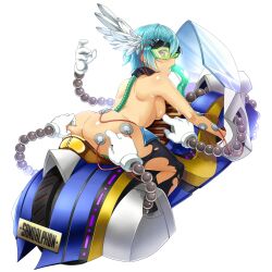 1girl ass back beige_skin blue_hair chair character_name feather_hair_ornament full_body grabbing_another&#039;s_ass groping hair_ornament headset looking_back machinery mechanical_arms mouth_object_insertion nanatsu_no_bitoku nipple_slip nipples nude purple_hair robot saliva sandalphon_(nanatsu_no_bitoku) sexually_suggestive sitting tentacles tentacles_in_mouth torn_clothes transparent_background