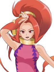 1girl artist_request bangle bracelet breasts din highres jewelry long_hair looking_at_viewer neck_ring nintendo open_mouth pointy_ears ponytail red_eyes red_hair simple_background smile solo the_legend_of_zelda the_legend_of_zelda:_oracle_of_seasons unitard very_long_hair white_background