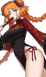 1girl absurdres chinese_clothes double_bun dress freckles green_eyes hair_bun hand_fan highres ishmael_(project_moon) jia_xichun_(project_moon) limbus_company long_hair long_sleeves looking_at_viewer multicolored_hair orange_hair project_moon simple_background solo streaked_hair twintails vvernerluniq white_background