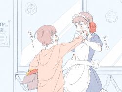 1boy 1girl anarchy_ptck apron bad_id bad_twitter_id blue_eyes blush box cardboard_box closed_eyes commentary_request cowboy_shot crossdressing flower frilled_apron frills holding holding_box indoors long_sleeves looking_at_another maid maid_apron maid_headdress male_maid open_mouth original red_flower red_hair school_uniform short_hair smile standing teasing translation_request white_apron