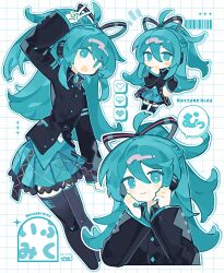1girl :3 :d ahoge aqua_eyes aqua_hair aqua_skirt aqua_trim arm_at_side arm_up barcode black_jacket black_ribbon black_thighhighs blush_stickers braid bright_pupils buttons character_name chibi chibi_inset collared_jacket cropped_legs cropped_torso detached_ahoge diamond_button double-parted_bangs flat_chest flipped_hair frilled_skirt frills grid_background hair_between_eyes hair_ribbon halftone hand_on_own_chin hand_on_own_hip hands_on_own_cheeks hands_on_own_face hatsune_miku hatsune_miku_(if) hatsushiro_mamimu headphones heart high_ponytail highres jacket long_hair long_sleeves looking_at_viewer multiple_views notice_lines open_mouth outline ponytail ribbon simple_background single_blush_sticker skirt smile sparkle speech_bubble thighhighs v vocaloid white_background white_outline white_pupils zettai_ryouiki