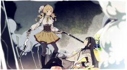 2girls aaxlll akemi_homura akemi_homura_(magical_girl) bad_link black_hair blonde_hair gun holding holding_gun holding_weapon leaning_back long_hair looking_at_another magical_girl magical_musket mahou_shoujo_madoka_magica multiple_girls smoke source_request tomoe_mami tomoe_mami_(magical_girl) weapon