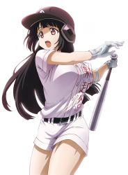 1girl baseball baseball_bat baseball_helmet baseball_jersey baseball_uniform belt black_hair blunt_bangs brown_eyes clothes_writing gloves hat helmet highres hime_cut jersey kikuta_kouichi long_hair muscular official_art oomura_shiragiku open_mouth short_sleeves shorts simple_background sportswear standing sweat swinging tamayomi thighs white_background
