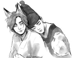 Rule 34 | 2boys, age difference, animal ears, beyond evil, black hair, closed eyes, couple, fox boy, fox ears, fox tail, gat (hat), greyscale, han joowon (beyond evil), hanbok, hat, head on another&#039;s back, highres, hug, hug from behind, kemonomimi mode, kitsune, korean clothes, korean traditional hat, lee dongsik (beyond evil), male focus, mature male, monochrome, multiple boys, shhhsoftnwet, short hair, simple background, tail, upper body, wavy hair, white background, yaoi