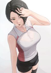 Rule 34 | 1girl, absurdres, ano (gccx8784), armpits, asymmetrical hair, bare arms, bare shoulders, black shorts, black thighhighs, breasts, breath, cleavage, collared shirt, commentary request, hair over one eye, heavy breathing, highres, large breasts, long bangs, lower teeth only, open mouth, original, paid reward available, parted bangs, see-through clothes, see-through shirt, shirt, short hair, short shorts, shorts, simple background, sleeveless, sleeveless shirt, solo, sweat, teeth, thighhighs, tongue, white background, yellow eyes, zettai ryouiki