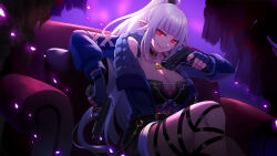 1girl 60mai black_bra black_choker black_shorts bra breasts choker cleavage closed_mouth commission dual_wielding eine_lotta fingerless_gloves gloves grey_hair gun handgun holding holding_gun holding_weapon indie_virtual_youtuber jewelry lips long_hair long_sleeves necklace o-ring o-ring_choker pillow pointy_ears ponytail red_eyes shorts sitting skeb_commission smile solo triforce triforce_necklace underwear virtual_youtuber weapon