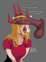 1boy 1girl blonde_hair blush breasts chainsaw_man dark-skinned_male dark_skin demon_horns disembodied_penis dorkbum english_text erection hetero highres horns huge_penis large_breasts large_penis long_hair medium_breasts open_mouth penis penis_awe penis_on_face penis_over_eyes power_(chainsaw_man) red_horns red_shirt saliva sharp_teeth shirt solo_focus t-shirt teeth testicles tongue tongue_out upper_teeth_only veins veiny_penis