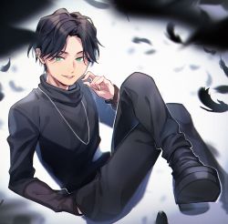 1boy aam09212 adk-em aqua_eyes bandai bandai_namco bishounen black_feathers black_pants black_shirt black_sleeves blouse commentary_request crossed_legs ear_piercing evil_smile feathers goth_fashion highres ishimori_prod jewelry kagerou_(kamen_rider_revice) kamen_rider kamen_rider_revice male_focus necklace pants piercing see-through_clothes see-through_sleeves shirt shoes sitting smile spoilers toei_company tokusatsu tv_asahi