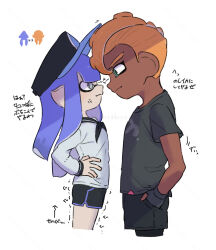 1boy 1girl anger_vein annoyed black_gloves black_leggings black_neckerchief black_sailor_collar black_shirt black_shoes black_shorts black_visor blue_hair blue_visor blunt_bangs blunt_ends blunt_sidelocks collared_shirt commentary_request coula_cat cropped_legs dark-skinned_male dark_skin dolphin_shorts face-to-face fingerless_gloves forehead-to-forehead glaring gloves green_eyes grey_eyes hair_between_eyes hand_on_own_hip hands_in_pockets hat heads_together height_difference highres inkling_(swim_form) inkling_girl inkling_player_character leggings long_hair long_sidelocks long_sleeves looking_at_another looking_down looking_up mohawk narrowed_eyes neckerchief nintendo octoling_(swim_form) octoling_boy octoling_player_character pointy_ears print_shirt rivalry sailor_collar sandals shirt shoes short_hair short_sleeves shorts sidelocks simple_background smile sparks splatoon_(series) tentacle_hair thick_eyebrows translation_request two-tone_hat very_long_sidelocks visor_cap vs white_background white_sandals white_shirt