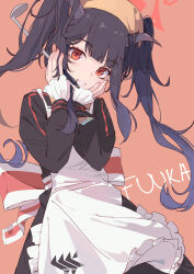 1girl absurdres apron bilibalakonglijiwa black_dress black_hair black_horns blue_archive blush character_name commentary_request dress fuuka_(blue_archive) hands_on_own_cheeks hands_on_own_face highres holding holding_ladle horns ladle long_hair long_sleeves looking_at_viewer orange_background pink_eyes simple_background smile solo twintails white_apron