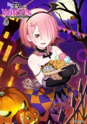 1girl :d argyle_clothes argyle_dress armpit_crease artist_request bare_shoulders bare_tree basket bat_(animal) bat_pendant black_choker black_gloves black_thighhighs bob_cut breasts building candy choker cookie copyright_name copyright_notice demon_tail demon_wings dress fake_head_wings fake_tail fake_wings food full_moon ghost gloves hair_ornament hair_over_one_eye hairband halloween halloween_costume heart heart_tail highres holding holding_basket jack-o&#039;-lantern light_blush lollipop looking_at_viewer mini_wings moon night official_art open_mouth orange_dress outdoors pendant_choker pink_hair purple_dress ram_(re:zero) re:zero_kara_hajimeru_isekai_seikatsu re:zero_kara_hajimeru_isekai_seikatsu_witch&#039;s_re:surrection red_eyes short_dress short_hair small_breasts smile solo standing strapless strapless_dress swirl_lollipop tail thighhighs tree two-tone_dress v-shaped_eyebrows winged_hairband wings x_hair_ornament
