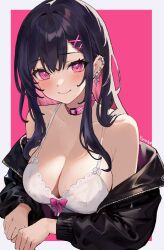 1girl animal_collar artist_name black_hair black_jacket bow breasts cleavage closed_mouth collar collarbone dress ear_piercing earrings hair_ornament highres jacket jewelry large_breasts long_hair medium_breasts off_shoulder original piercing pink_background pink_bow pink_collar pink_eyes pink_hair smile solo upper_body white_dress x_hair_ornament y_uunaa