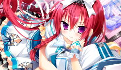 1girl blush bra braid breasts game_cg hair_ribbon large_breasts long_hair looking_at_viewer mayoeru_futari_to_sekai_no_subete_love_heaven_300_percent purple_eyes red_hair ribbon school_uniform skirt solo_focus standing underwear wavy_hair youta