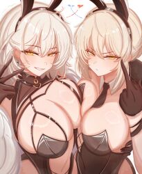 0nineo9 2girls absurdres ahoge animal_ears artoria_pendragon_(fate) asymmetrical_docking blonde_hair breast_press breasts cleavage closed_mouth cosplay evertale fate/grand_order fate_(series) girls&#039;_frontline grey_hair grin highres jeanne_d&#039;arc_alter_(fate) lancelot_(evertale) lancelot_(evertale)_(cosplay) large_breasts long_hair looking_at_viewer middle_finger mp40_(champagne_of_spades)_(girls&#039;_frontline) mp40_(champagne_of_spades)_(girls&#039;_frontline)_(cosplay) mp40_(girls&#039;_frontline) mp40_(girls&#039;_frontline)_(cosplay) multiple_girls necktie rabbit_ears saber_alter smile v white_hair yellow_eyes